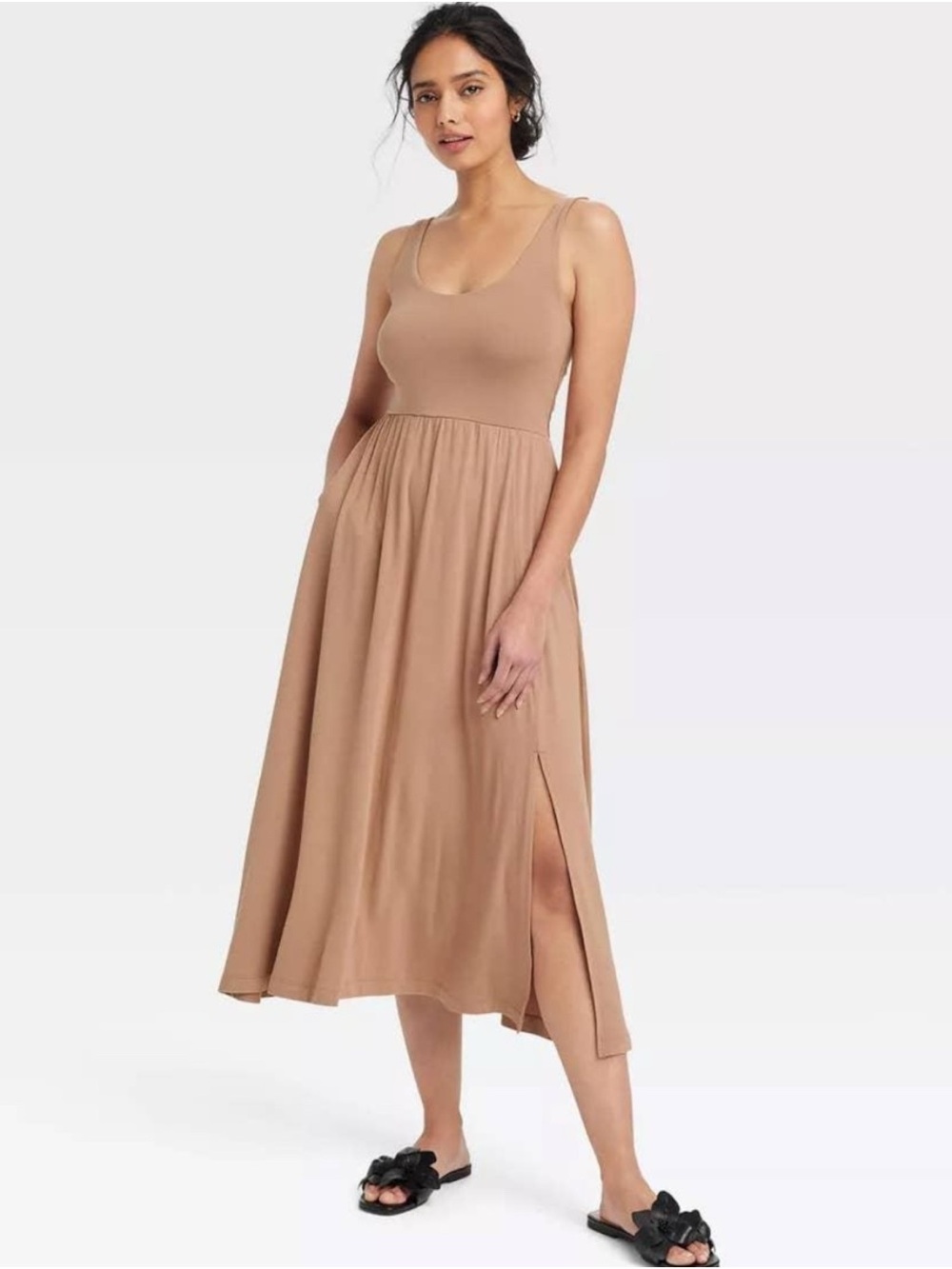 A New Day Women’s 2X Brown Sleeveless Rayon Stretch Midi Dress Scoop Neck